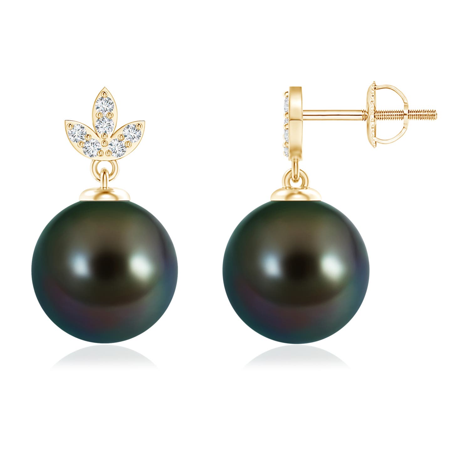 10mm AAAA Tahitian Cultured Pearl Earrings with Diamond Leaf Motifs in Yellow Gold