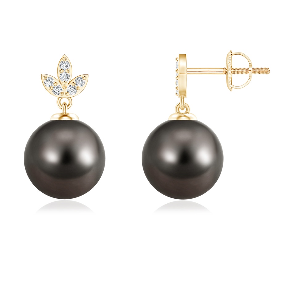 9mm AAA Tahitian Cultured Pearl Earrings with Diamond Leaf Motifs in Yellow Gold 