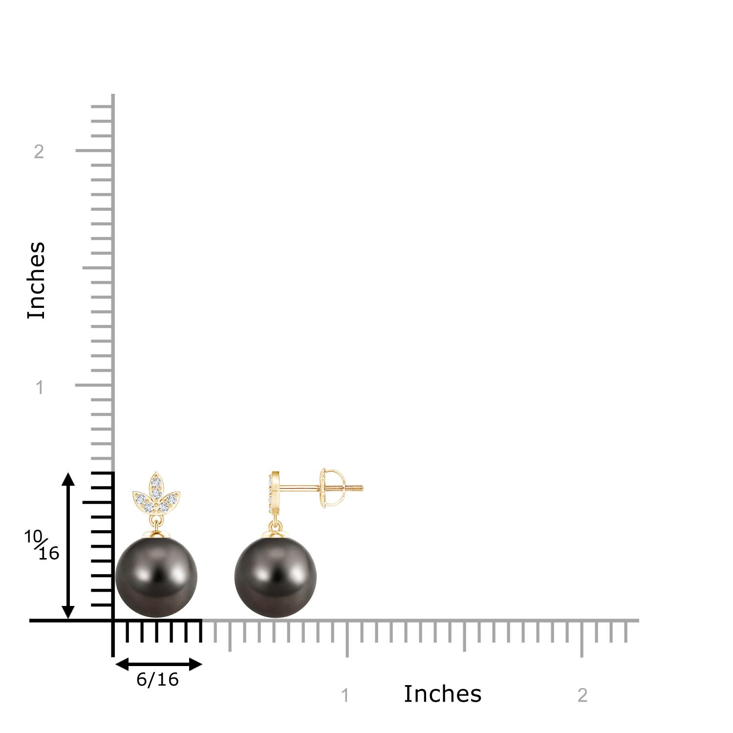 9mm AAA Tahitian Cultured Pearl Earrings with Diamond Leaf Motifs in Yellow Gold - ruler