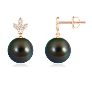 9mm AAAA Tahitian Cultured Pearl Earrings with Diamond Leaf Motifs in Rose Gold