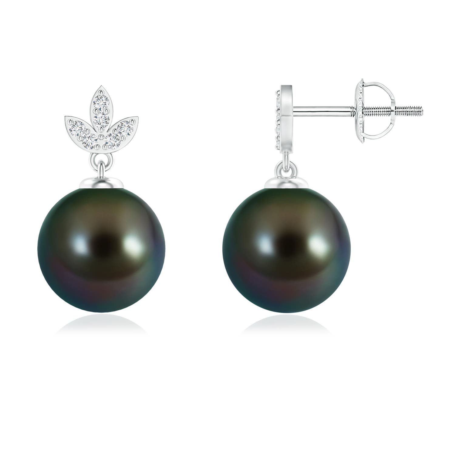 9mm AAAA Tahitian Cultured Pearl Earrings with Diamond Leaf Motifs in White Gold