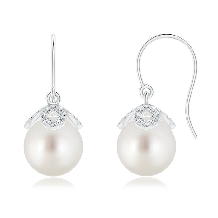 9mm AAA Fish-Hook South Sea Cultured Pearl Dangle Earrings in White Gold
