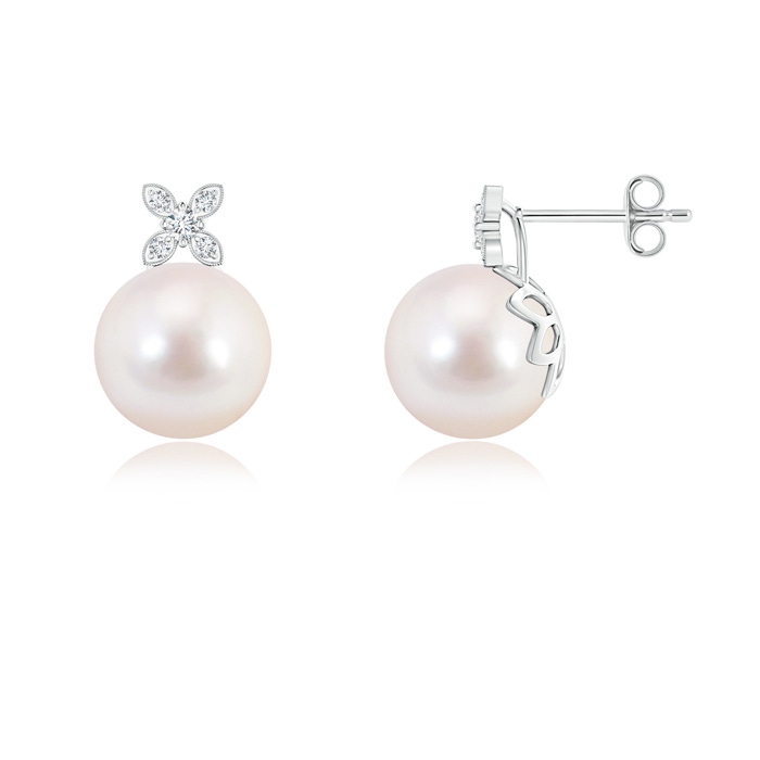 8mm AAAA Akoya Cultured Pearl Earrings with Diamond Flower Motif in S999 Silver