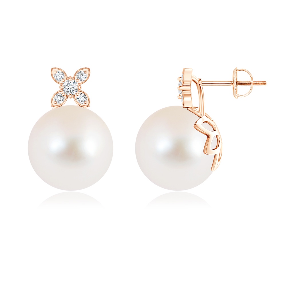 10mm AAA Freshwater Cultured Pearl Earrings with Diamond Flower Motif in Rose Gold