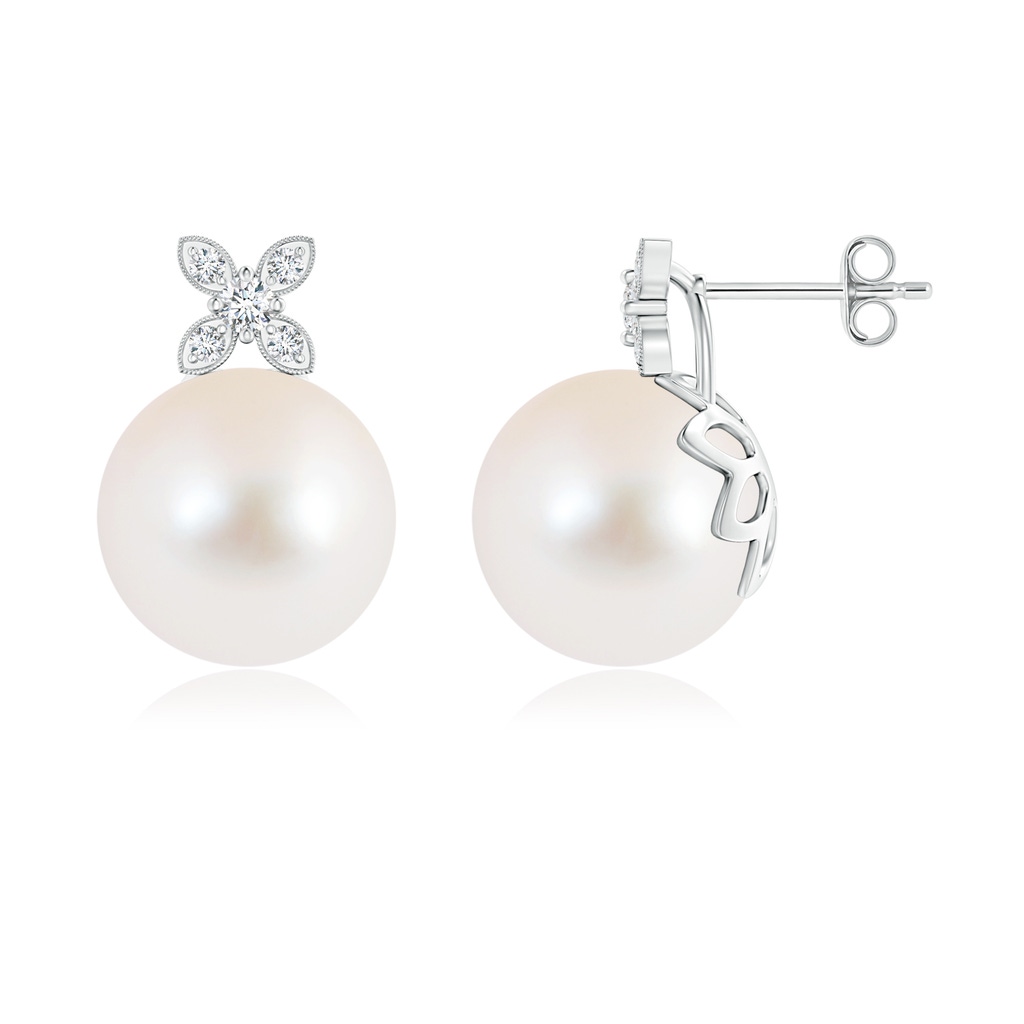 10mm AAA Freshwater Cultured Pearl Earrings with Diamond Flower Motif in S999 Silver