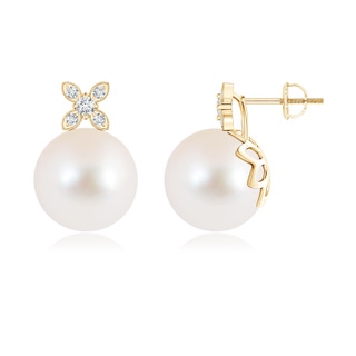 10mm AAA Freshwater Cultured Pearl Earrings with Diamond Flower Motif in Yellow Gold