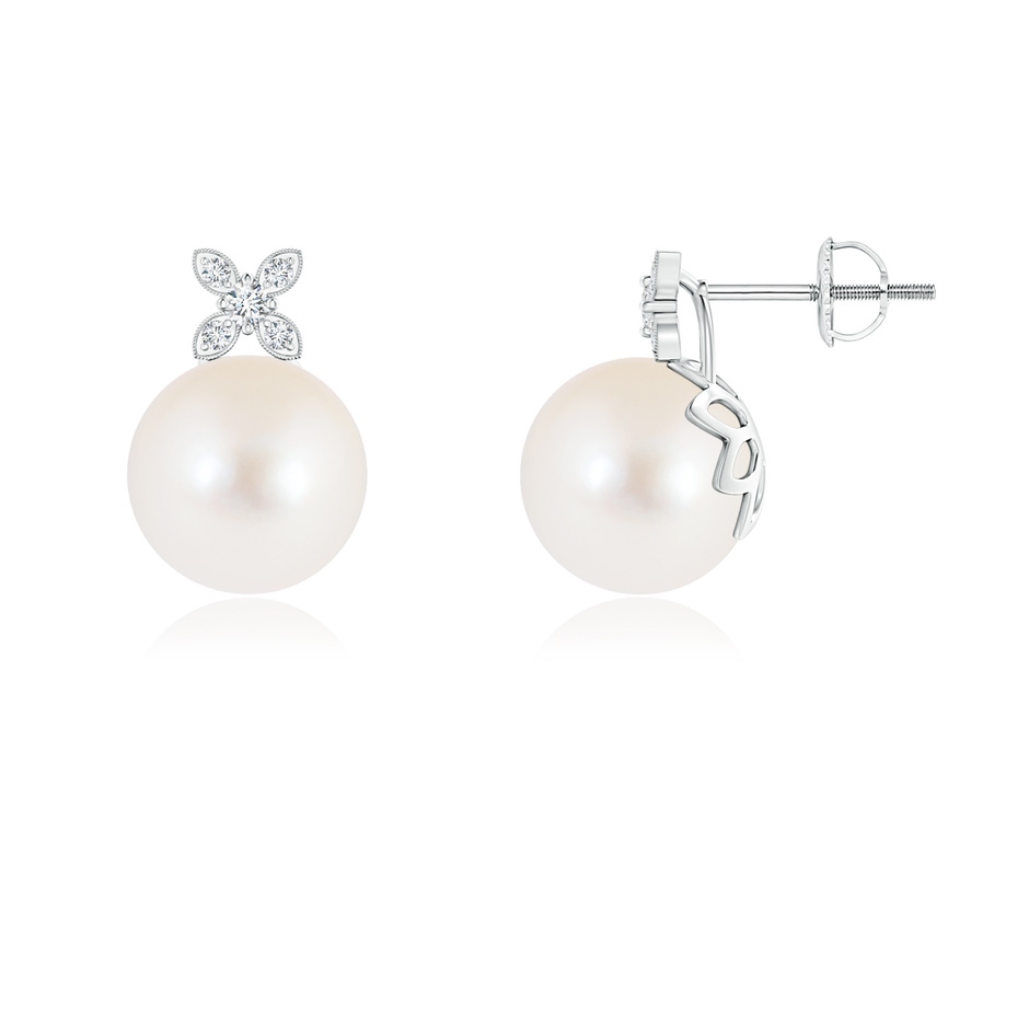 8mm AAA Freshwater Cultured Pearl Earrings with Diamond Flower Motif in White Gold 