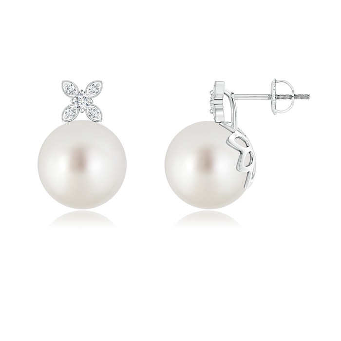 9mm AAA South Sea Cultured Pearl Earrings with Diamond Flower Motif in White Gold