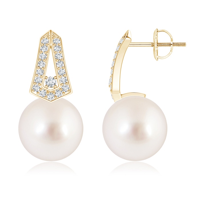 10mm AAAA South Sea Cultured Pearl Geometric Earrings with Diamonds in Yellow Gold