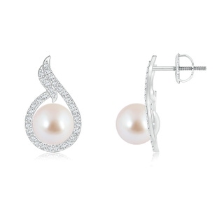 8mm AAA Akoya Cultured Pearl Earrings with Diamond Swirl Frame in White Gold