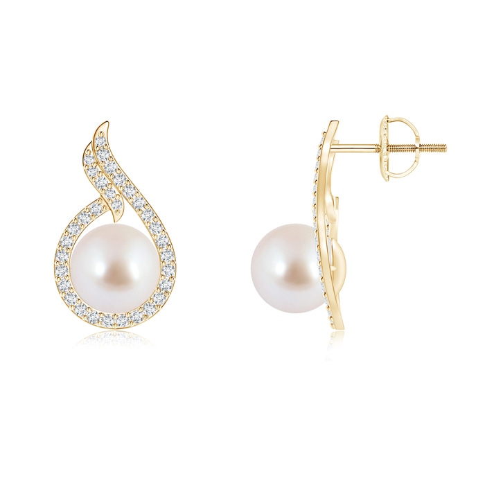 8mm AAA Akoya Cultured Pearl Earrings with Diamond Swirl Frame in Yellow Gold