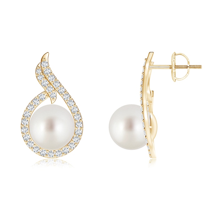 9mm AAA South Sea Cultured Pearl Earrings with Diamond Swirl Frame in Yellow Gold
