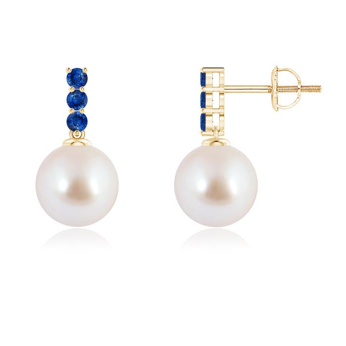8mm AAA Classic Akoya Cultured Pearl and Sapphire Earrings in Yellow Gold