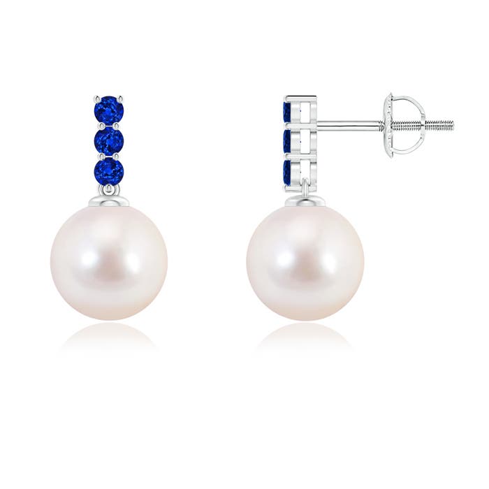 8mm AAAA Classic Akoya Cultured Pearl and Sapphire Earrings in White Gold