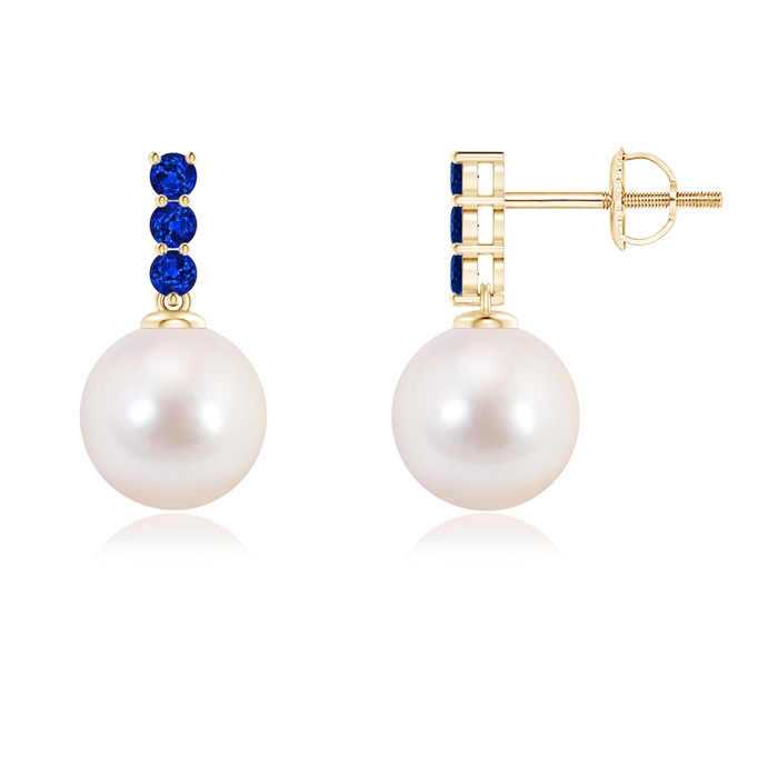 8mm AAAA Classic Akoya Cultured Pearl and Sapphire Earrings in Yellow Gold