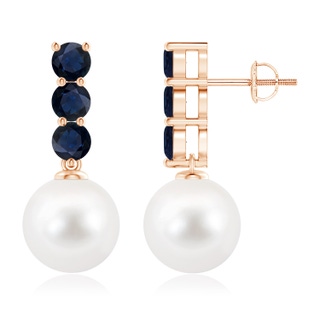 10mm AA Classic Freshwater Pearl and Sapphire Earrings in Rose Gold