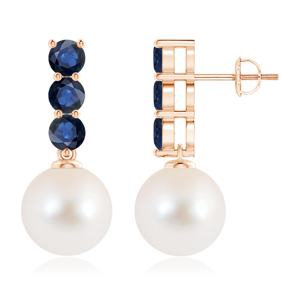10mm AAA Classic Freshwater Pearl and Sapphire Earrings in Rose Gold