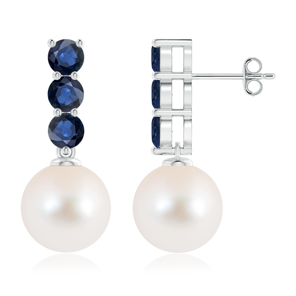 10mm AAA Classic Freshwater Pearl and Sapphire Earrings in S999 Silver