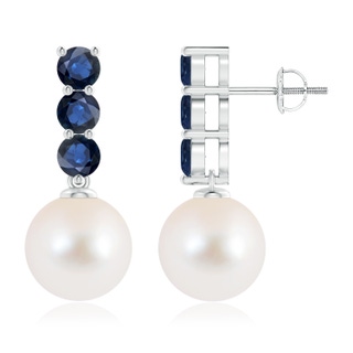10mm AAA Classic Freshwater Pearl and Sapphire Earrings in White Gold