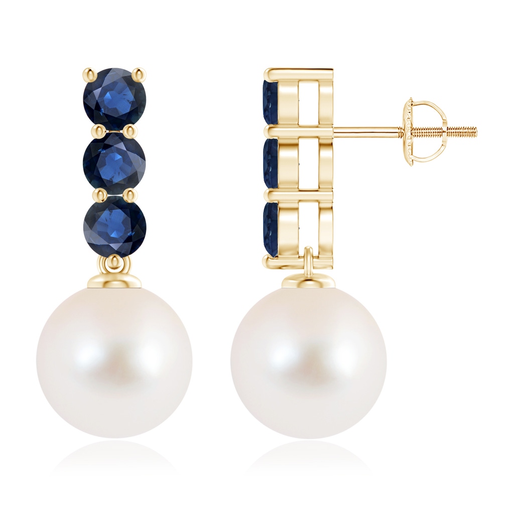 10mm AAA Classic Freshwater Pearl and Sapphire Earrings in Yellow Gold