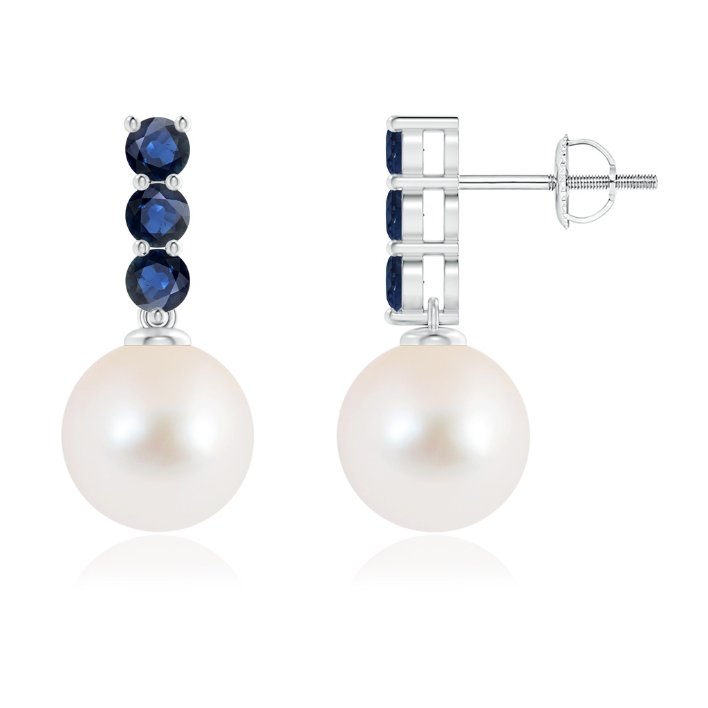 9mm AAA Classic Freshwater Pearl and Sapphire Earrings in White Gold