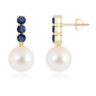 9mm AAA Classic Freshwater Pearl and Sapphire Earrings in Yellow Gold