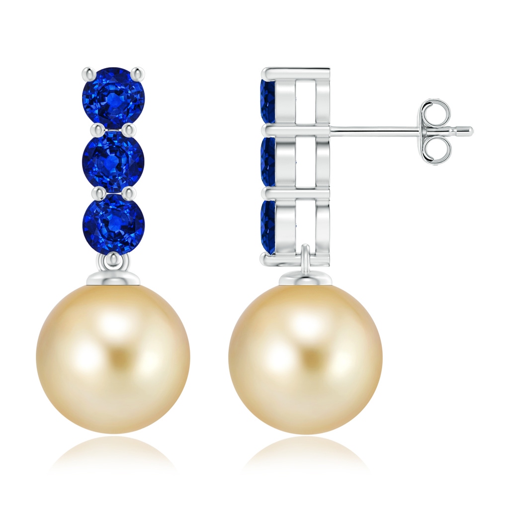 10mm AAAA Classic Golden South Sea Cultured Pearl and Sapphire Earrings in S999 Silver