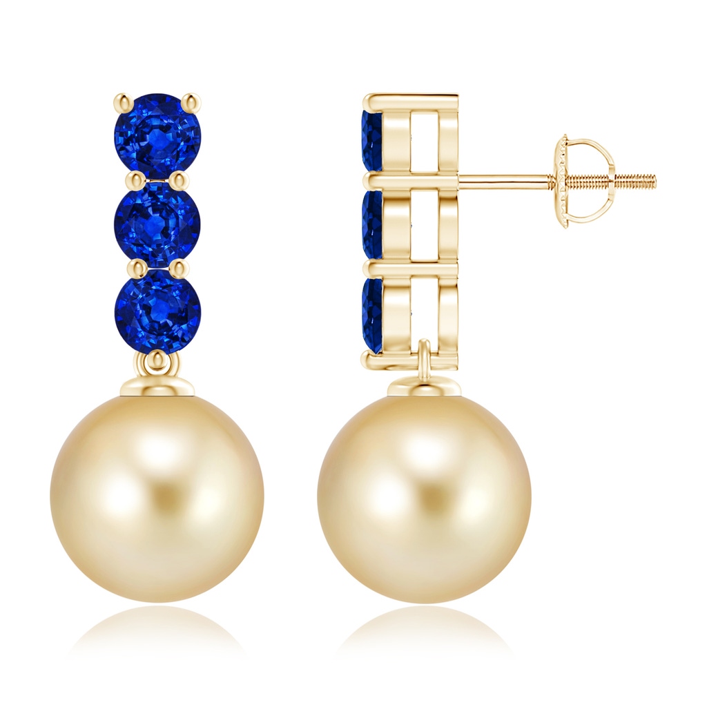 10mm AAAA Classic Golden South Sea Cultured Pearl and Sapphire Earrings in Yellow Gold