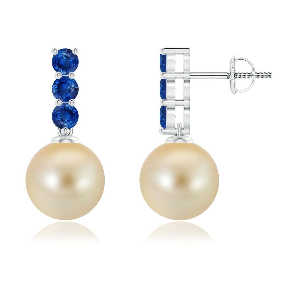9mm AAA Classic Golden South Sea Cultured Pearl and Sapphire Earrings in White Gold