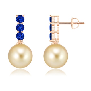 9mm AAAA Classic Golden South Sea Cultured Pearl and Sapphire Earrings in Rose Gold