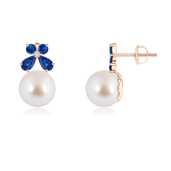 8mm AAA Akoya Cultured Pearl and Sapphire Butterfly Earrings in Rose Gold
