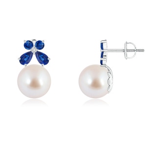 8mm AAA Akoya Cultured Pearl and Sapphire Butterfly Earrings in White Gold