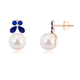 8mm AAAA Akoya Cultured Pearl and Sapphire Butterfly Earrings in Rose Gold
