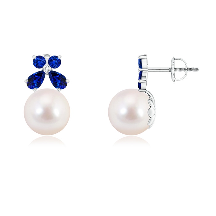 8mm AAAA Akoya Cultured Pearl and Sapphire Butterfly Earrings in White Gold