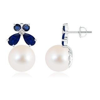 10mm AAA Freshwater Cultured Pearl and Sapphire Butterfly Earrings in White Gold