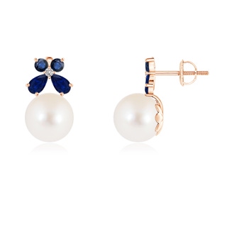 8mm AAA Freshwater Cultured Pearl and Sapphire Butterfly Earrings in Rose Gold