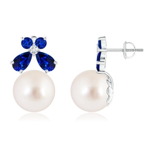 10mm AAAA South Sea Cultured Pearl and Sapphire Butterfly Earrings in White Gold