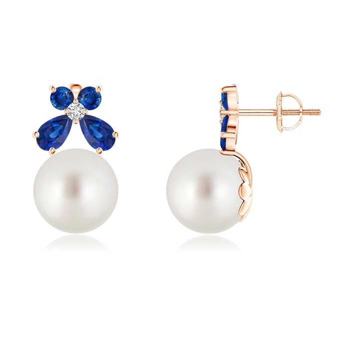 9mm AAA South Sea Cultured Pearl and Sapphire Butterfly Earrings in Rose Gold