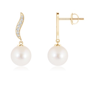 7mm AAA Freshwater Cultured Pearl Earrings with Diamond Swirl in Yellow Gold