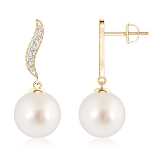 9mm AAAA South Sea Cultured Pearl Earrings with Diamond Swirl in Yellow Gold