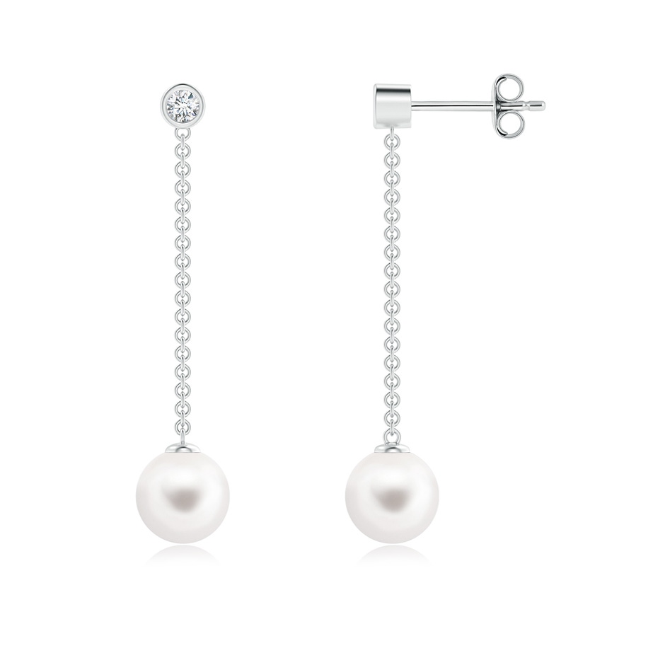 7mm AA Freshwater Cultured Pearl Long Drop Earrings with Diamond in S999 Silver 