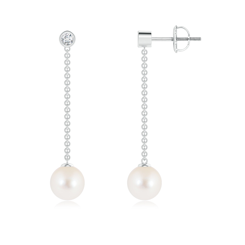 7mm AAA Freshwater Cultured Pearl Long Drop Earrings with Diamond in 10K White Gold