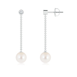 7mm AAA Freshwater Cultured Pearl Long Drop Earrings with Diamond in 10K White Gold