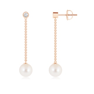 7mm AAA Freshwater Cultured Pearl Long Drop Earrings with Diamond in Rose Gold