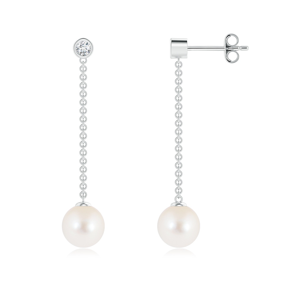 7mm AAA Freshwater Cultured Pearl Long Drop Earrings with Diamond in S999 Silver