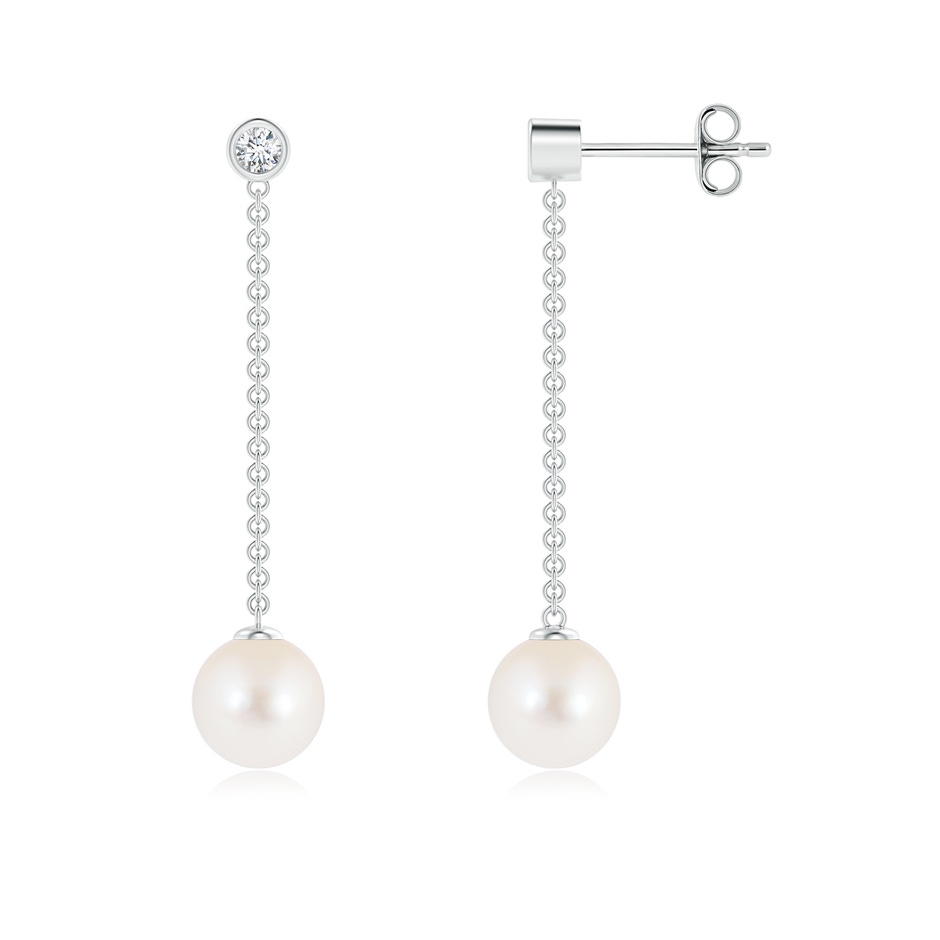 7mm AAA Freshwater Cultured Pearl Long Drop Earrings with Diamond in S999 Silver 