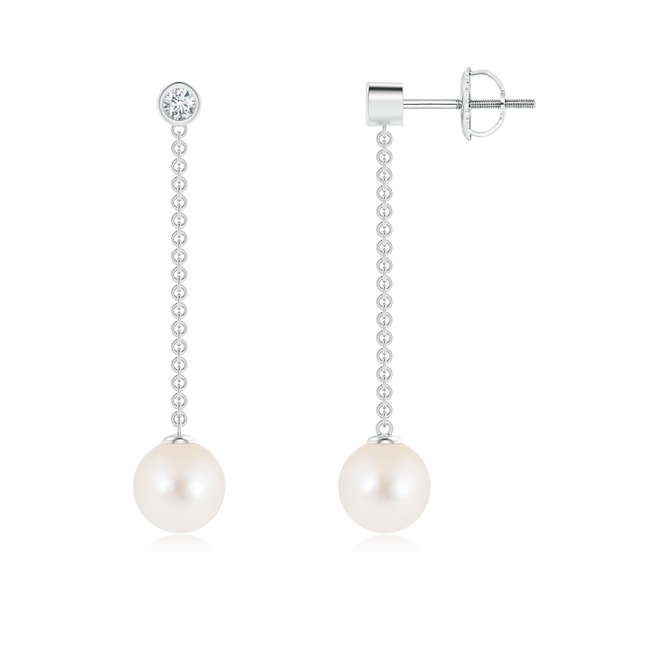 7mm AAA Freshwater Cultured Pearl Long Drop Earrings with Diamond in White Gold 