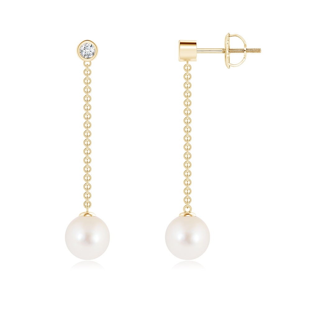 7mm AAA Freshwater Cultured Pearl Long Drop Earrings with Diamond in Yellow Gold