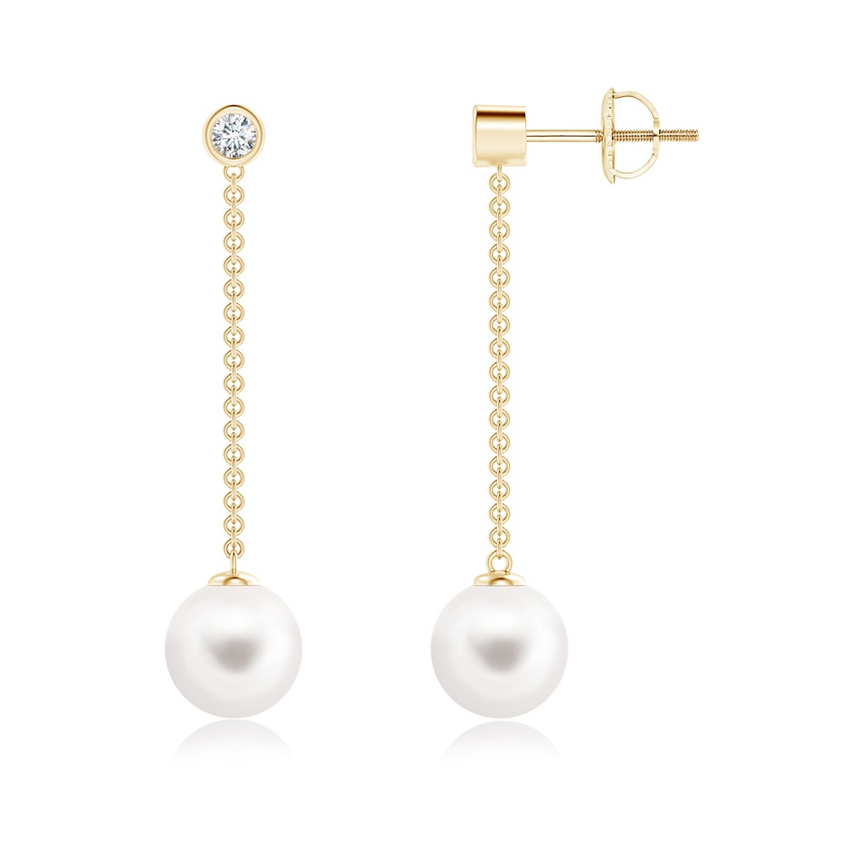 8mm AA Freshwater Cultured Pearl Long Drop Earrings with Diamond in 10K Yellow Gold 