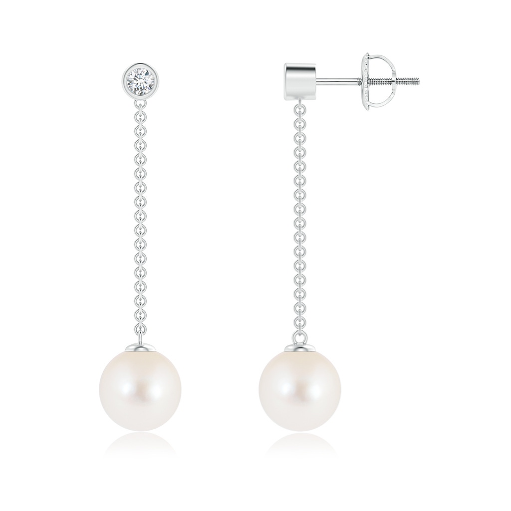 8mm AAA Freshwater Cultured Pearl Long Drop Earrings with Diamond in 9K White Gold